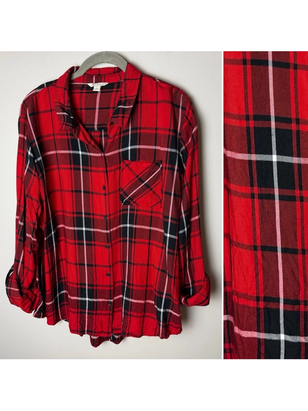 Cato Est. 1946 Shirt Size XL Top 3/4 Roll-Tab Sleeves Plaid Red Black White - Picture 1 of 6